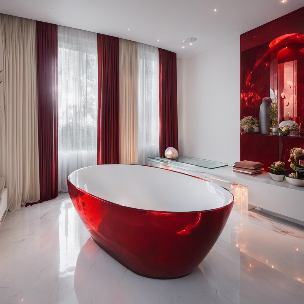 E of a pristine white bathtub with vibrant red streaks running down the sides