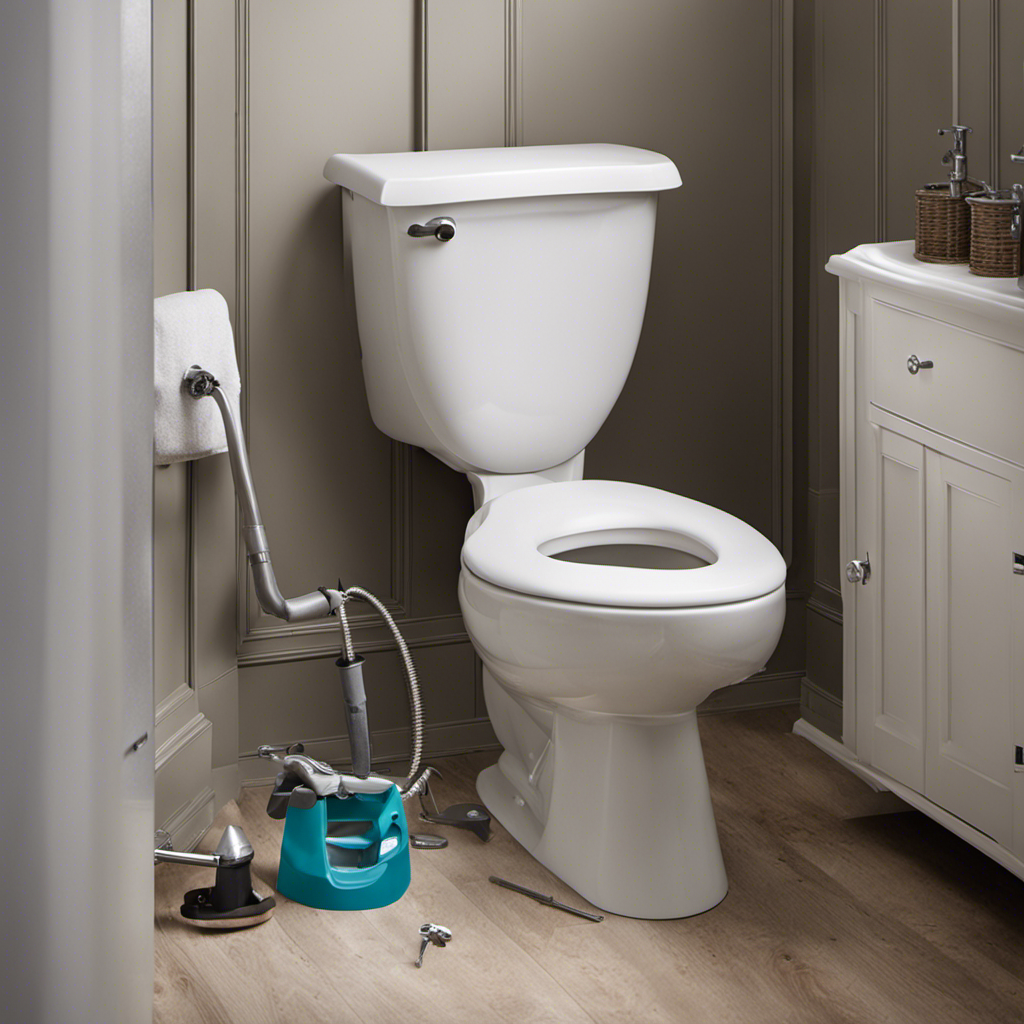 An image showcasing a step-by-step guide to removing a toilet: a gloved hand gripping a wrench, loosening bolts, disconnecting water supply, lifting the toilet, revealing a clean floor beneath