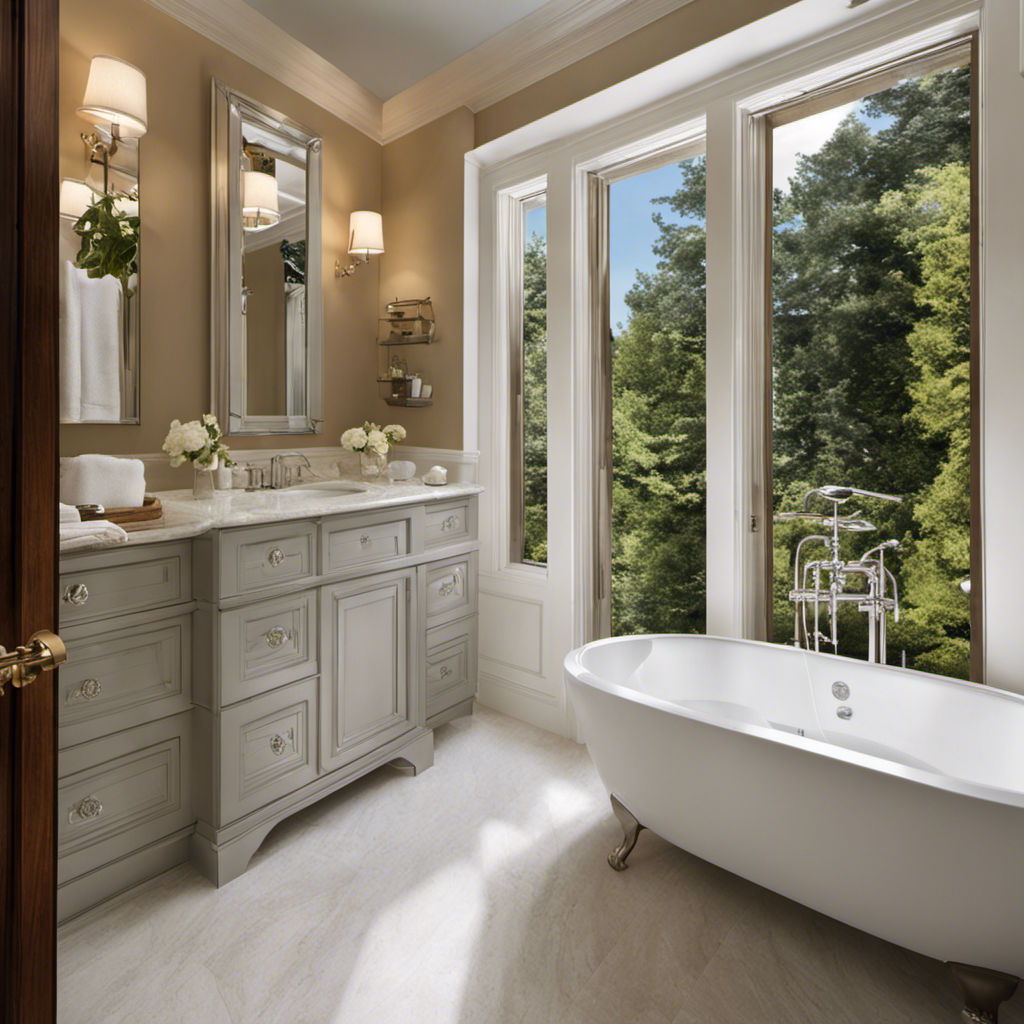 An image showcasing a clean, well-ventilated bathroom with an open window, fresh air wafting in, while a person wearing gloves and a mask removes the bathtub refinishing chemicals, leaving a refreshing scent behind