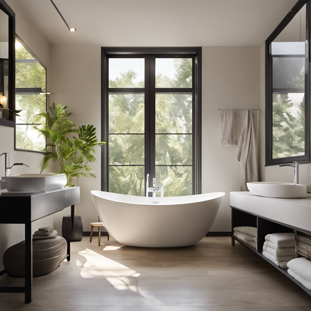 , serene bathroom scene with an open window revealing fresh air pouring in, dispersing the lingering odor