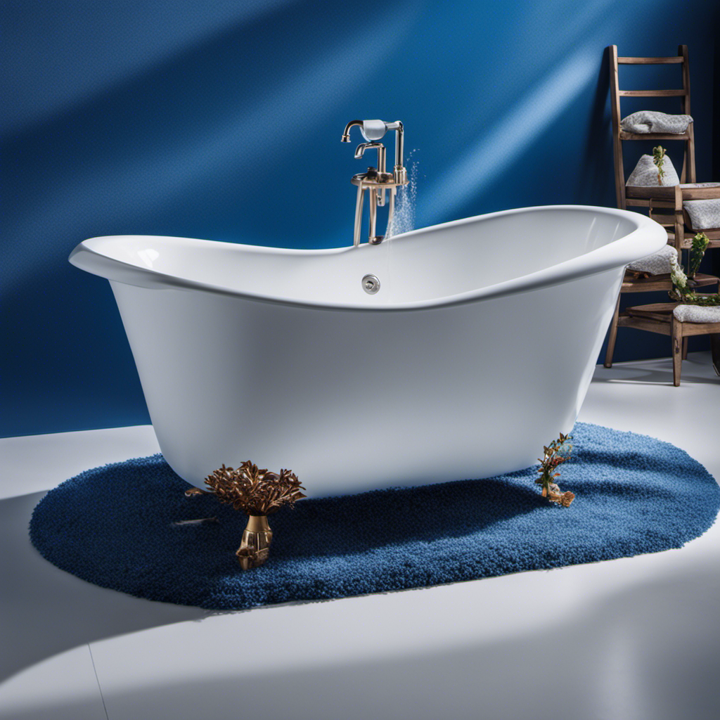 An image showcasing a sparkling white bathtub, free from scum, with a vibrant blue backdrop