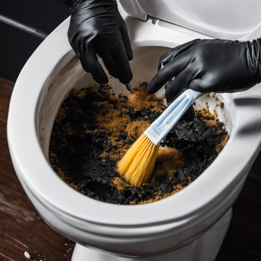An image showcasing a close-up of a toilet bowl covered in black mold, with a person wearing gloves and using a scrub brush to remove the mold