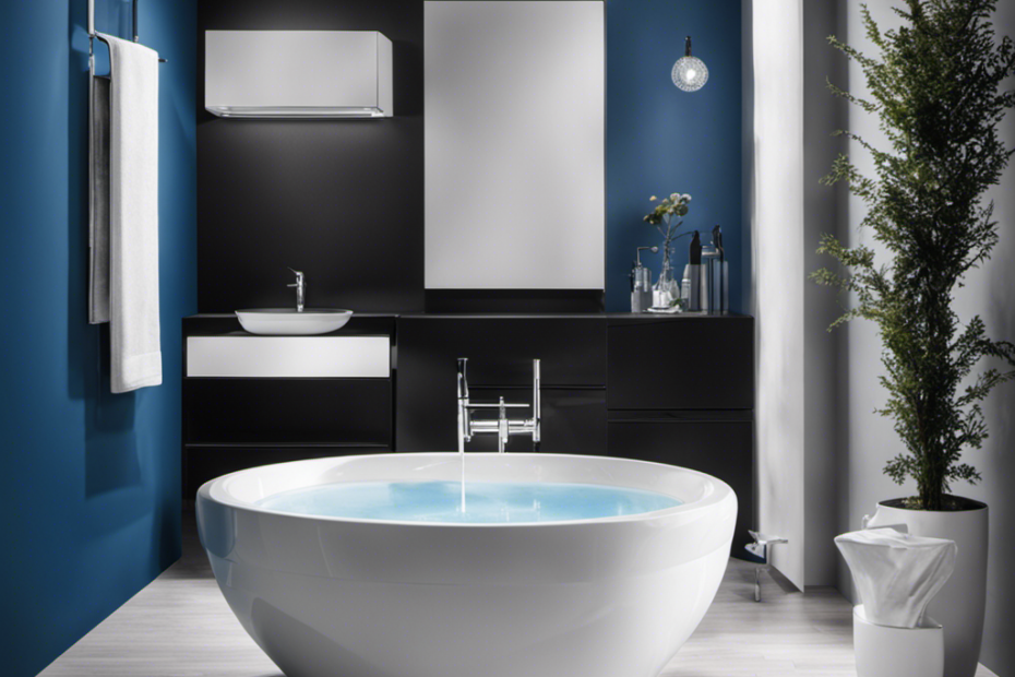 An image that showcases a sparkling white toilet bowl with a clear blue water surface, while a gloved hand gently scrubs away a stubborn black ring with a powerful cleansing agent, leaving the bowl gleaming and spotless