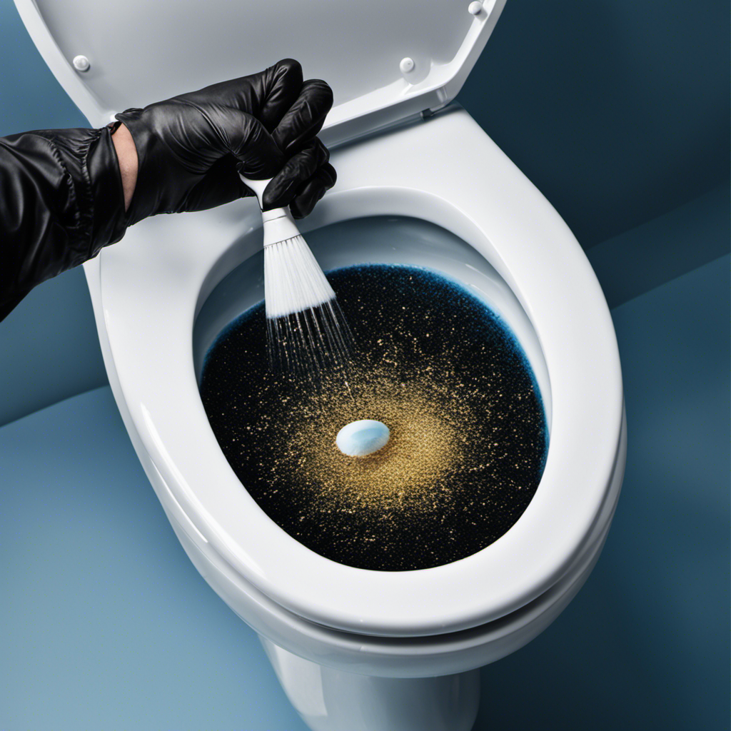 An image depicting a sparkling white toilet bowl reflecting a clear blue sky, with a focused close-up on a gloved hand scrubbing away a stubborn black stain using a powerful cleaner