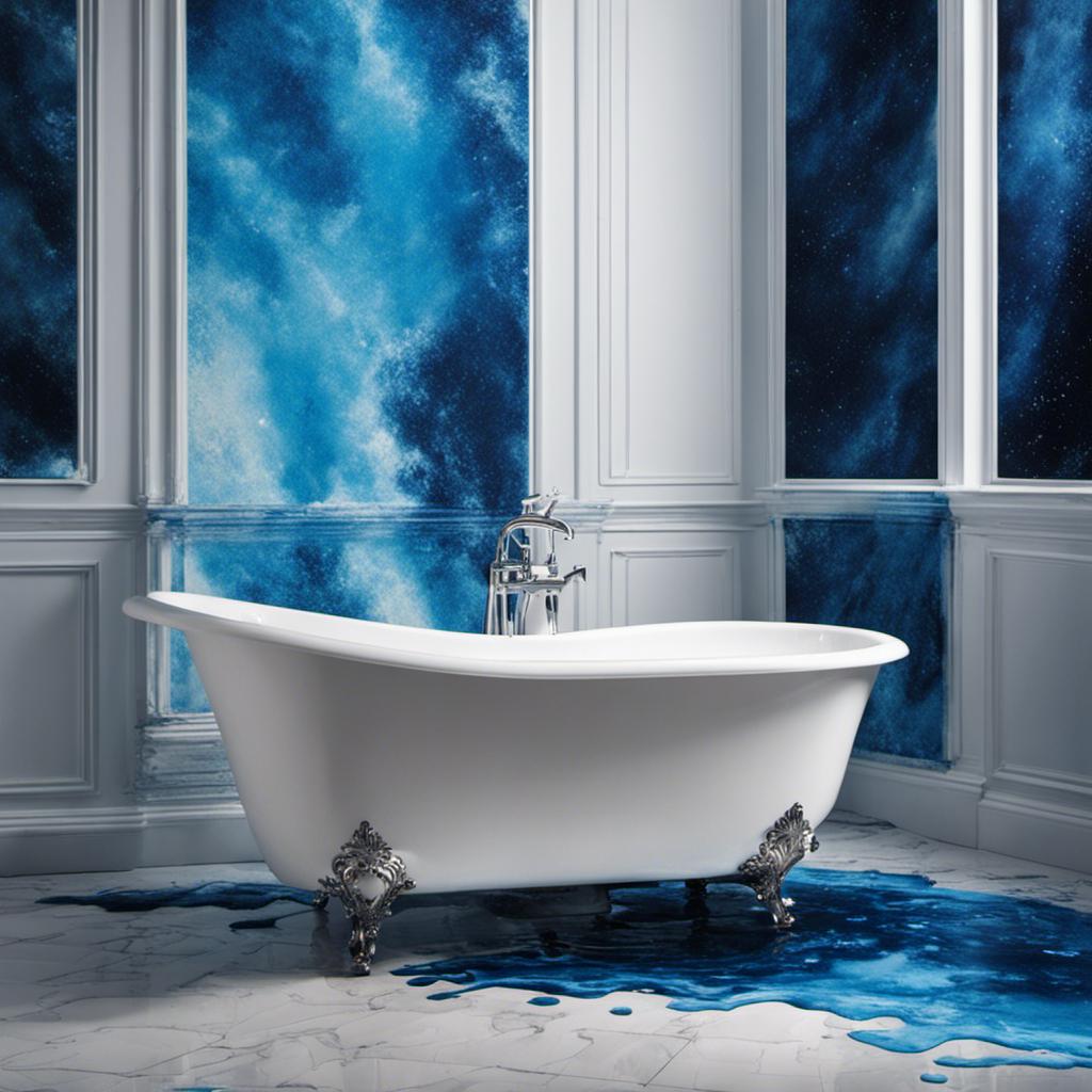 An image that captures a sparkling white bathtub filled with water, marred by vivid blue stains