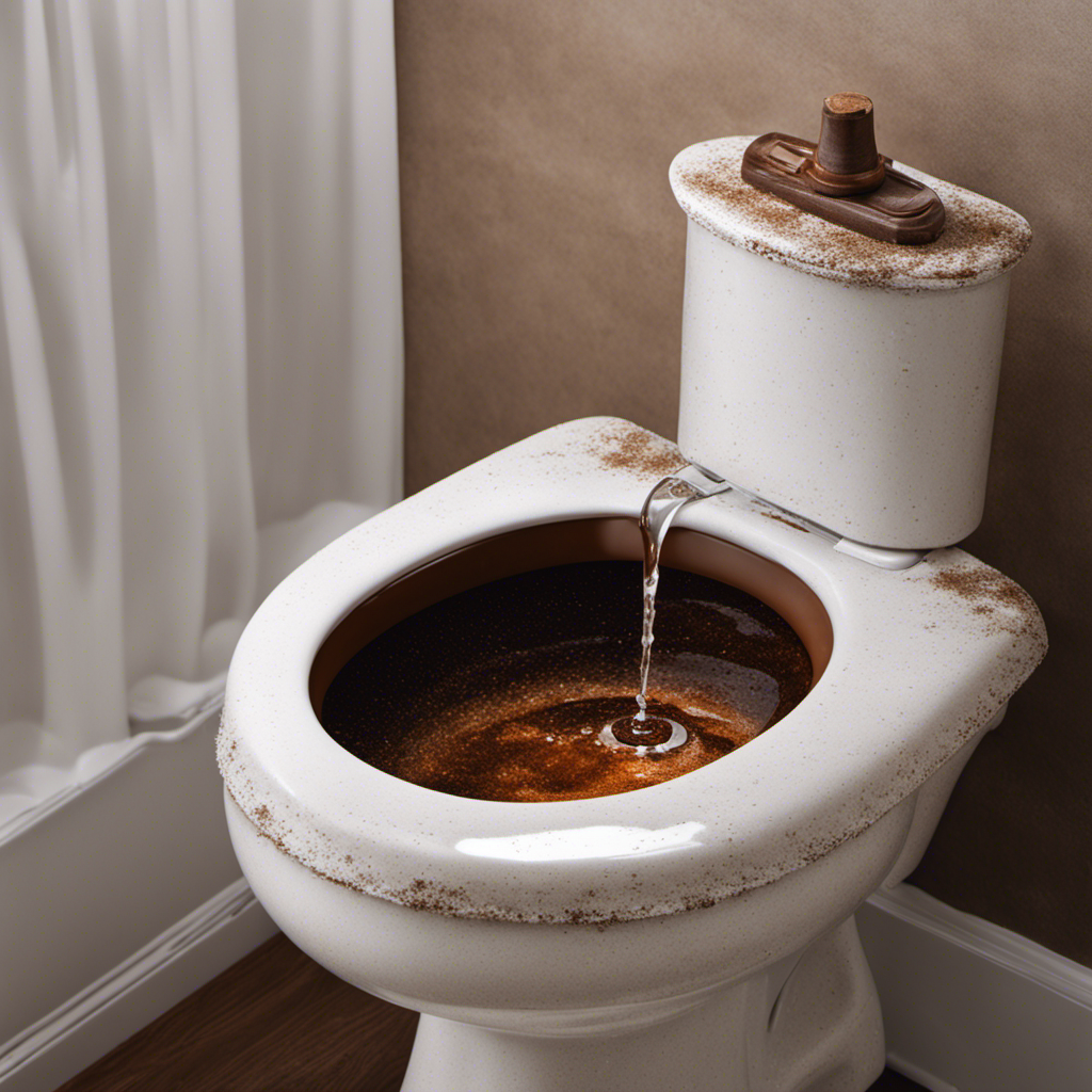 A visual of a sparkling white toilet bowl with a rusty-brown ring around the waterline