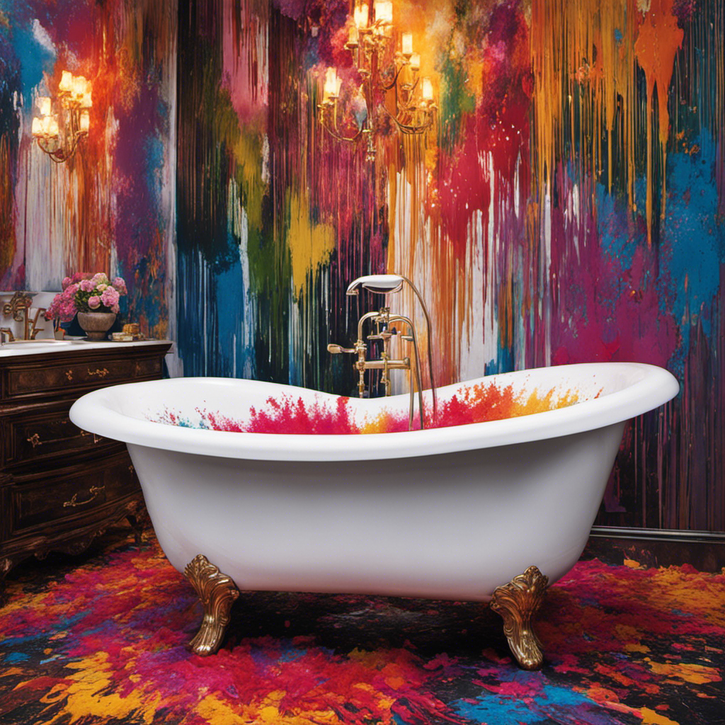 An image featuring a sparkling white bathtub marred by vibrant splashes of hair dye