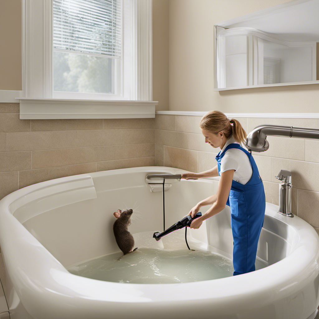 An image showcasing a step-by-step process of removing mice under a bathtub, depicting a person sealing cracks, placing traps, and using a vacuum cleaner to eliminate any remaining pests