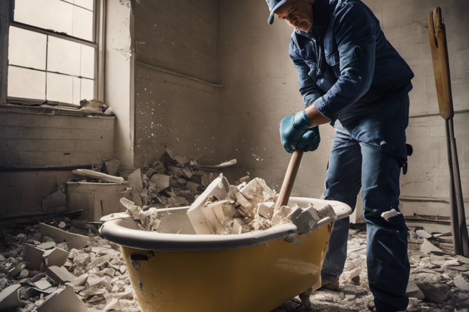 An image showcasing a person wearing protective gloves and using a sledgehammer to demolish a worn-out bathtub, with shattered porcelain pieces scattered around, revealing the empty bathroom space behind