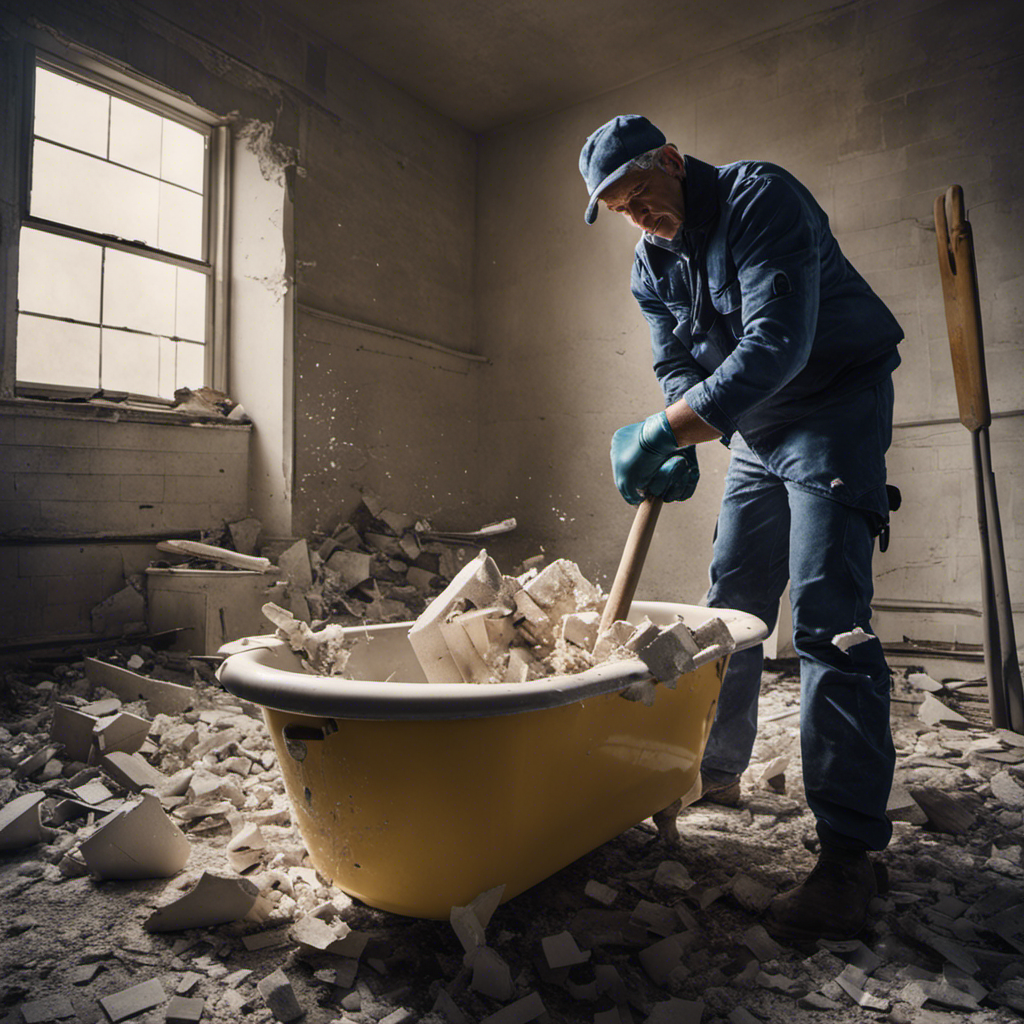 An image showcasing a person wearing protective gloves and using a sledgehammer to demolish a worn-out bathtub, with shattered porcelain pieces scattered around, revealing the empty bathroom space behind