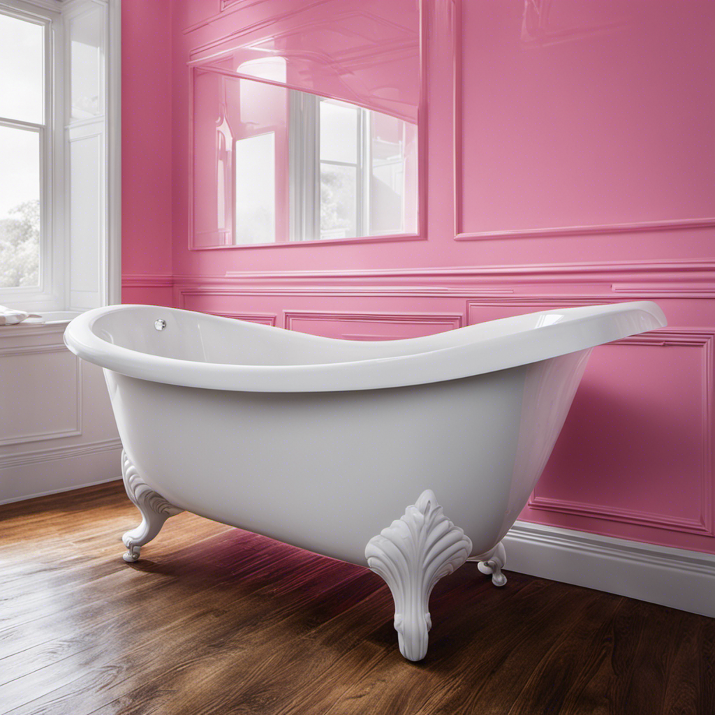 An image of a sparkling white bathtub with a close-up view of the pink stains, showcasing the before and after effect