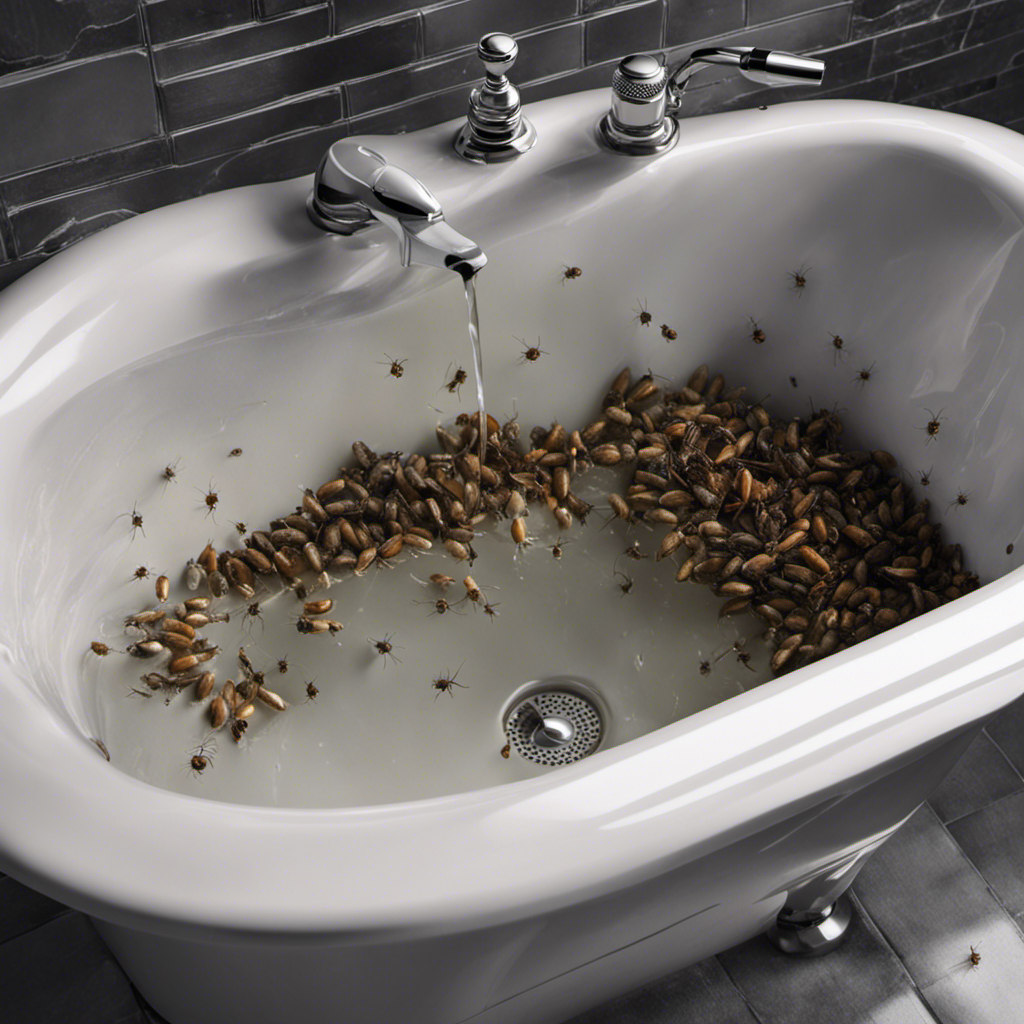 An image depicting a close-up view of a bathtub drain with roaches crawling out, while a person wearing gloves and holding a bottle of drain cleaner pours it into the drain, eradicating the infestation