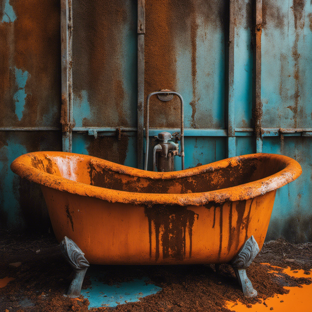 An image showcasing a close-up view of a rusted bathtub, with vibrant orange patches of corrosion and peeling paint, surrounded by scrub brushes, rust removal solutions, and a gloved hand scrubbing the surface
