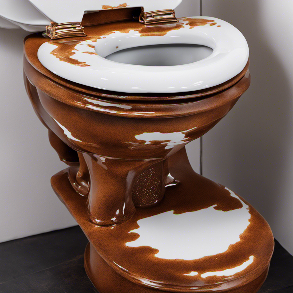 An image showcasing a porcelain toilet with a ring of rust around the waterline
