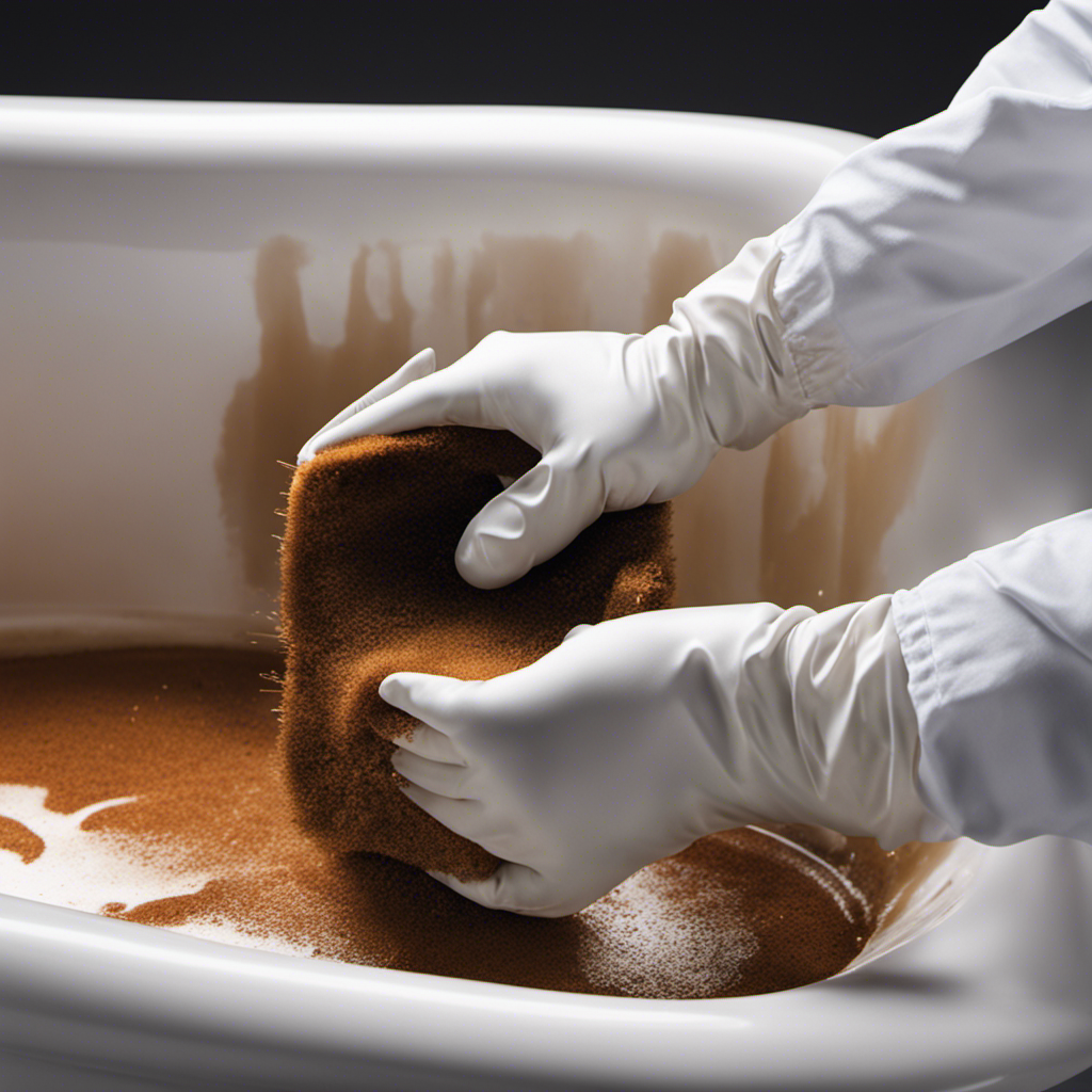 An image showcasing a gloved hand gently scrubbing a rusty bathtub surface with a wire brush, revealing a clean and shiny porcelain underneath