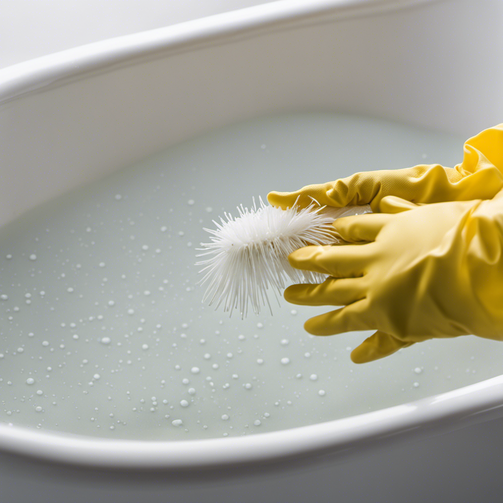 An image showcasing a gloved hand gently scrubbing the edges of a pristine white bathtub, surrounded by springtails being swept away by a stream of water, highlighting effective methods to eliminate springtail infestations