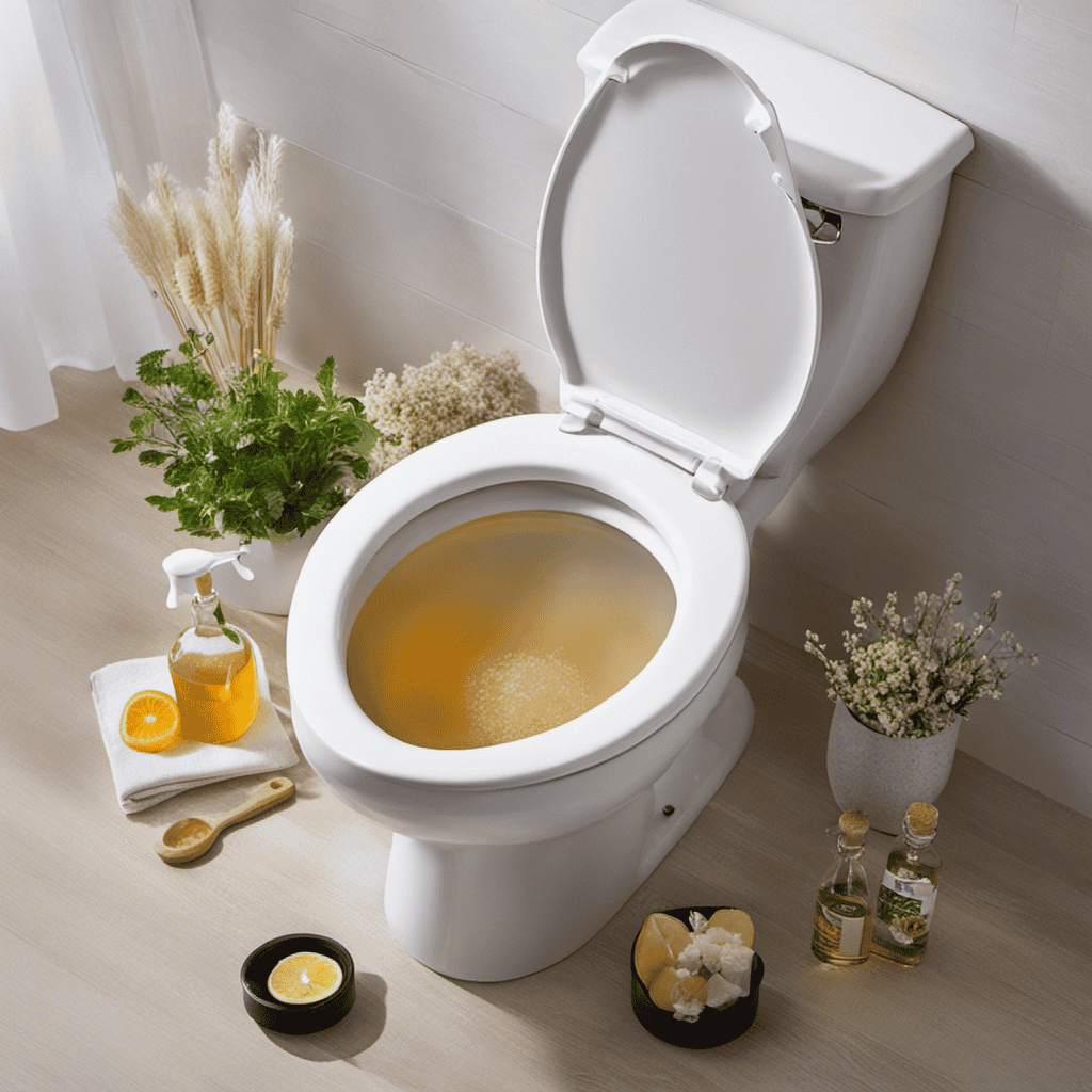 An image showcasing a sparkling clean toilet bowl, with natural remedies in action