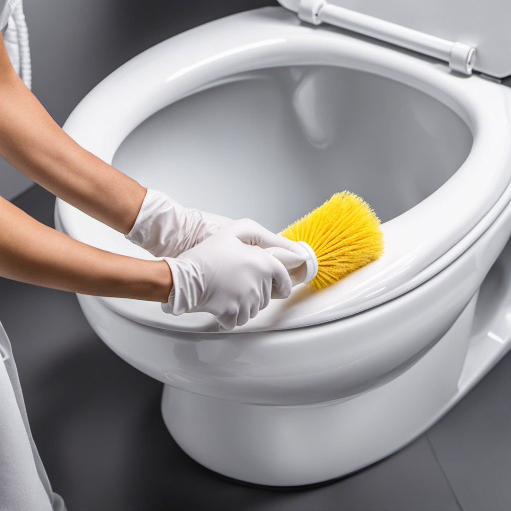 An image of a person wearing gloves and using a toilet brush with a specially designed anti-bacterial cleaner to scrub the toilet bowl