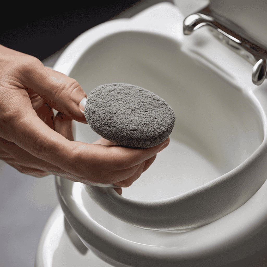 An image that showcases a pair of gloved hands holding a pumice stone, gently scrubbing away a stubborn toilet bowl ring