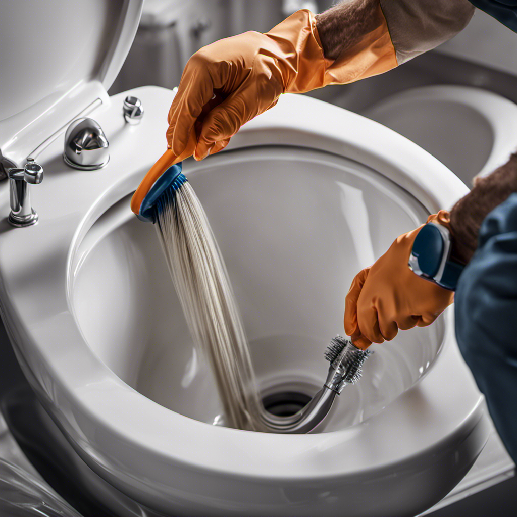 An image showcasing a professional plumber wearing gloves and using a specialized cleaning solution, meticulously removing a stubborn toilet ring with a scrub brush, leaving a sparkling clean toilet bowl behind