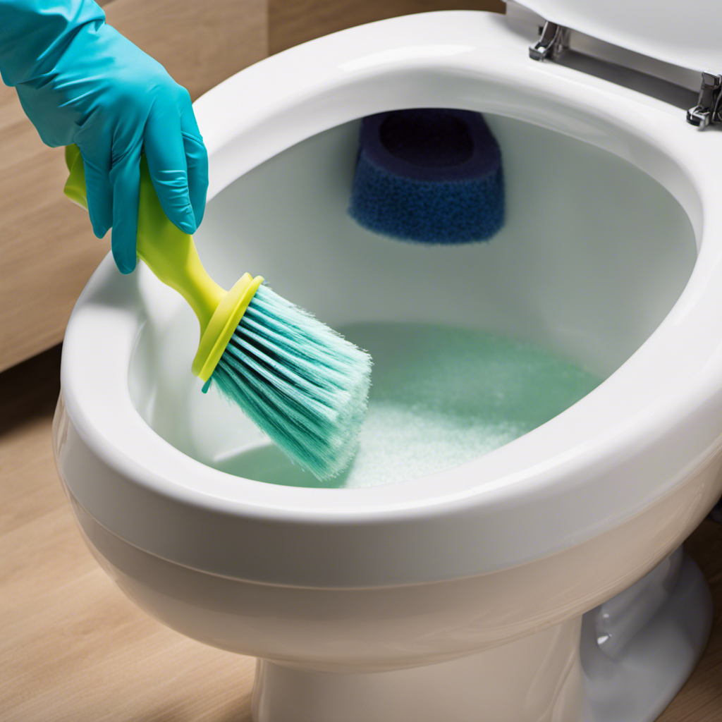 An image capturing the process of removing stubborn toilet stains: a gloved hand wielding a scrub brush, vigorously scrubbing a stained toilet bowl, while a foaming cleaning agent works its magic