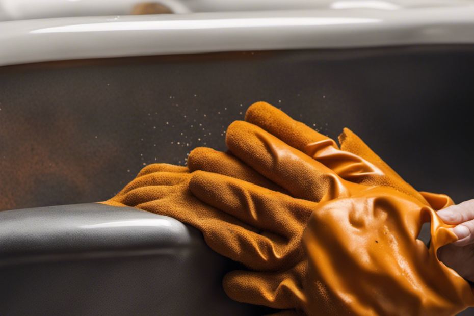 An image showcasing a gloved hand gently scrubbing a stained bathtub surface with a rust remover