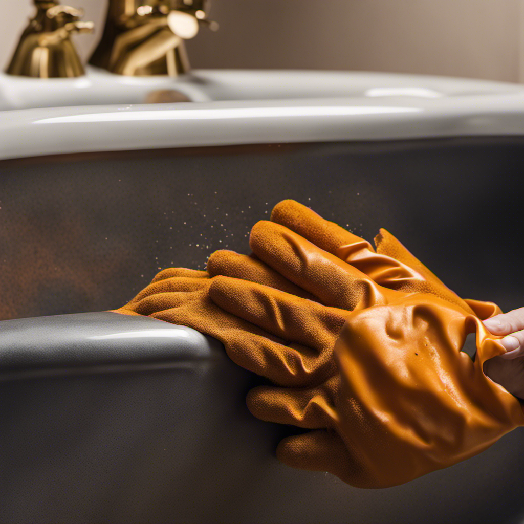 An image showcasing a gloved hand gently scrubbing a stained bathtub surface with a rust remover