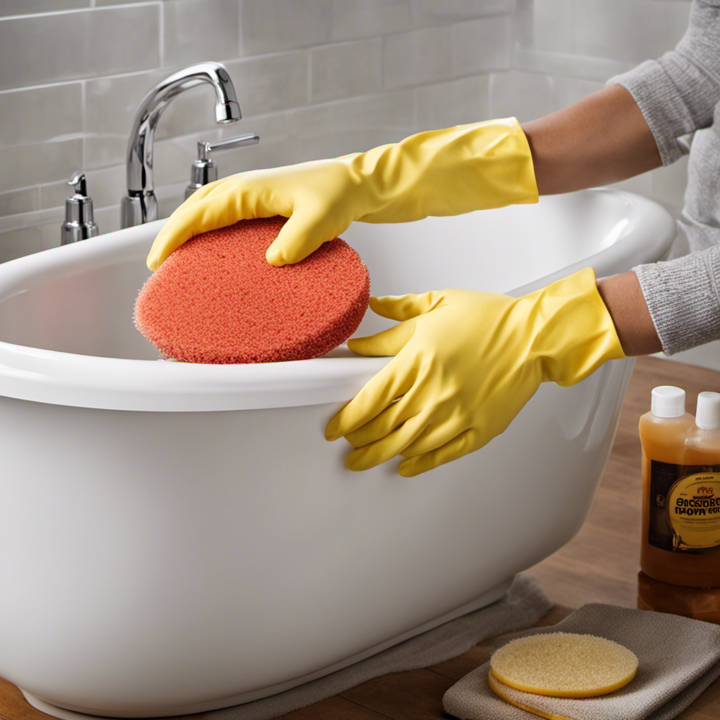 An image showcasing a pair of gloved hands gently scrubbing a plastic bathtub, removing stubborn rust stains