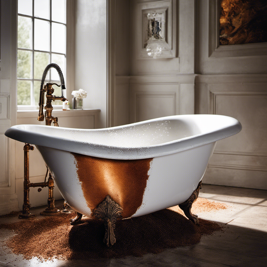 An image showcasing a sparkling white bathtub, with a close-up view on a hand vigorously scrubbing a rusty stain