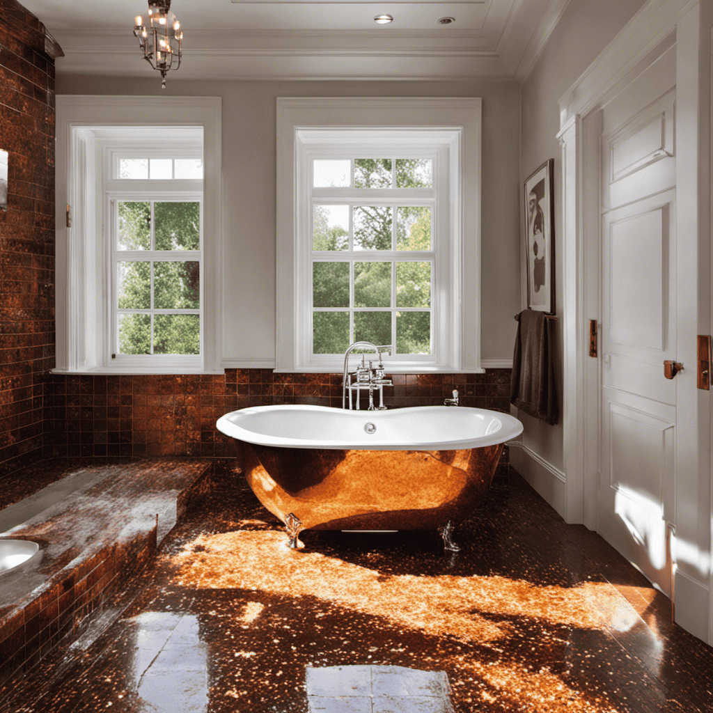 An image showcasing a sparkling white bathtub with a gleaming chrome faucet, surrounded by a blurred background of rust-stained tiles