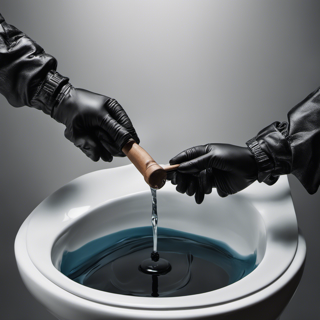 An image showcasing a pair of gloved hands using a sturdy plunger to dislodge an object from a toilet bowl, with water rippling around the hands and the object visible just beneath the surface