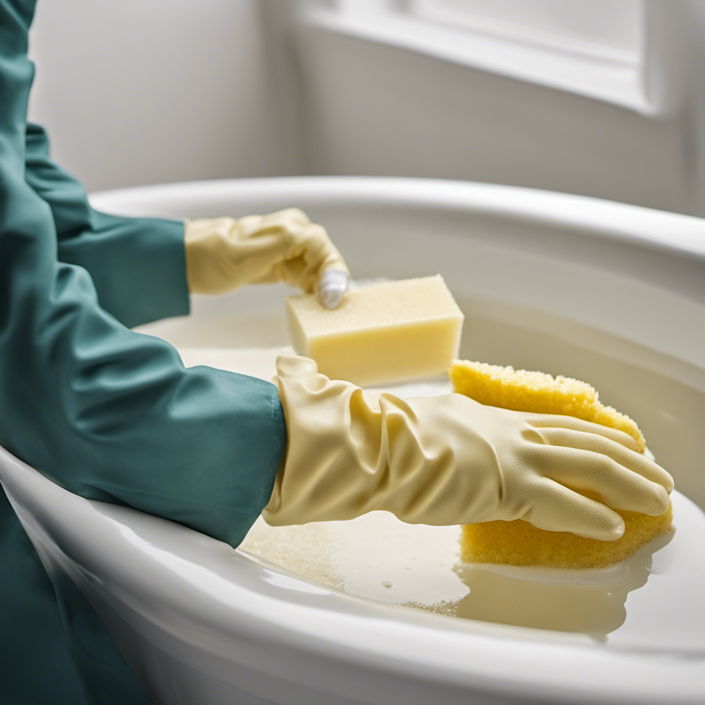 An image showcasing a pair of gloved hands scrubbing a pristine white bathtub, using a sponge soaked in a mixture of baking soda and vinegar