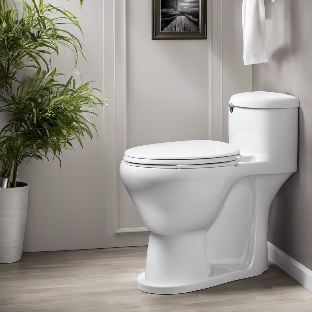 An image showcasing a sparkling white toilet bowl with a pristine water surface, reflecting a gleaming bathroom light