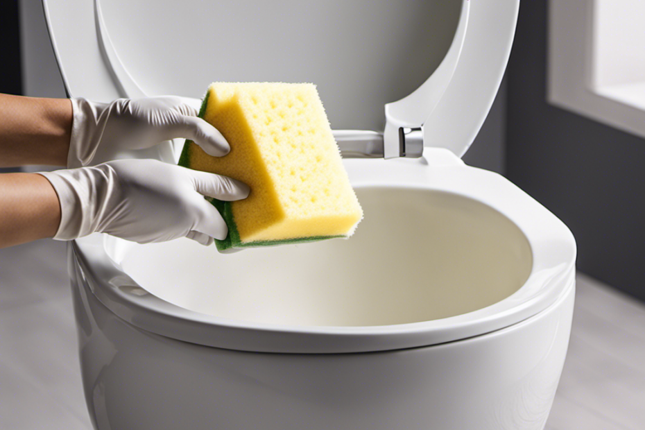 An image showcasing a pair of gloved hands holding a sponge, gently scrubbing a sparkling white toilet bowl