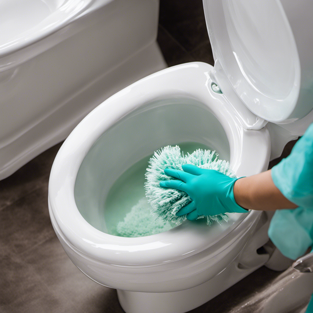 An image showcasing a pair of gloved hands holding a scrub brush, vigorously scrubbing a stained toilet bowl