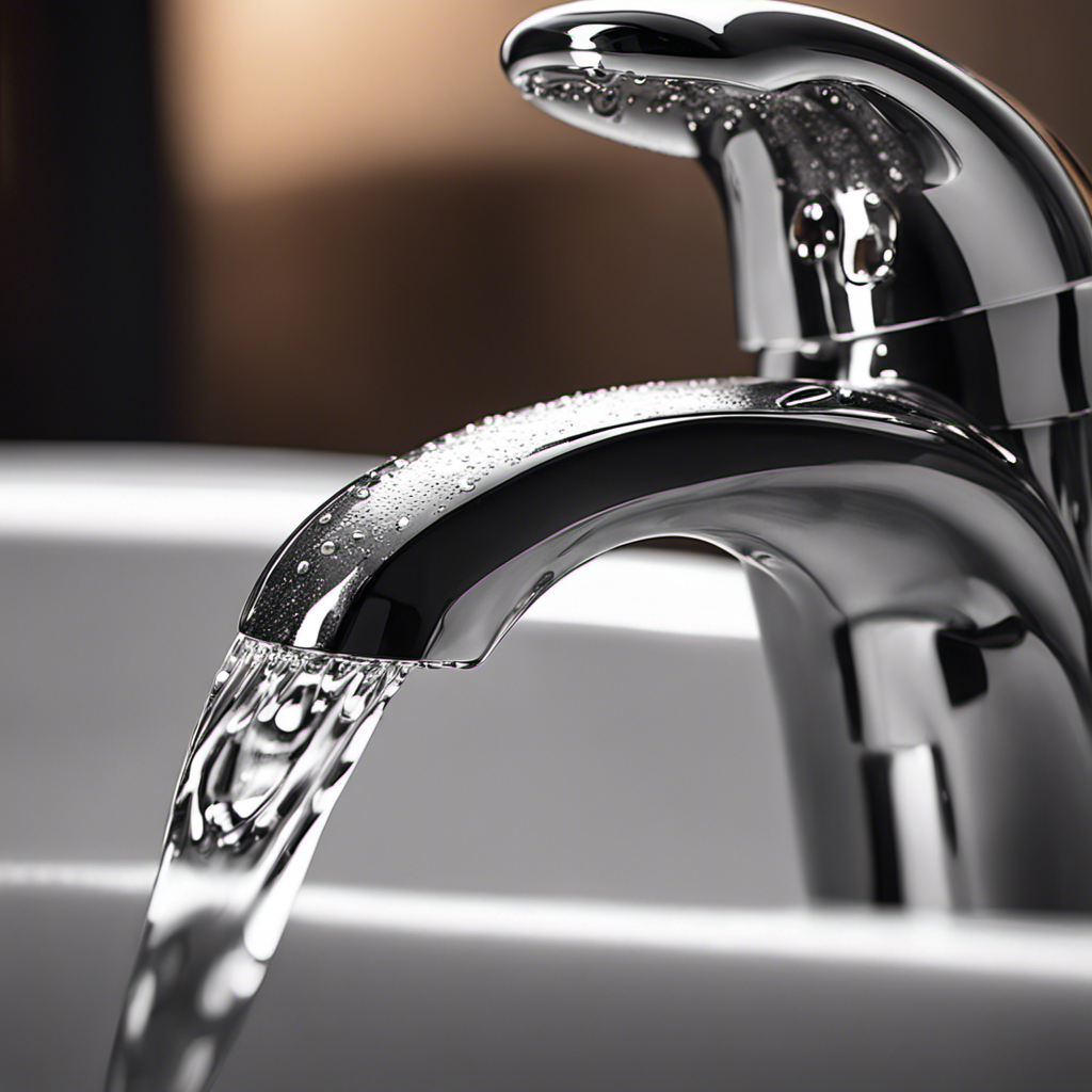 An image capturing a close-up of a hand gripping a sleek silver bathtub stopper, gently pulling it upwards, while water droplets cascade down its smooth surface