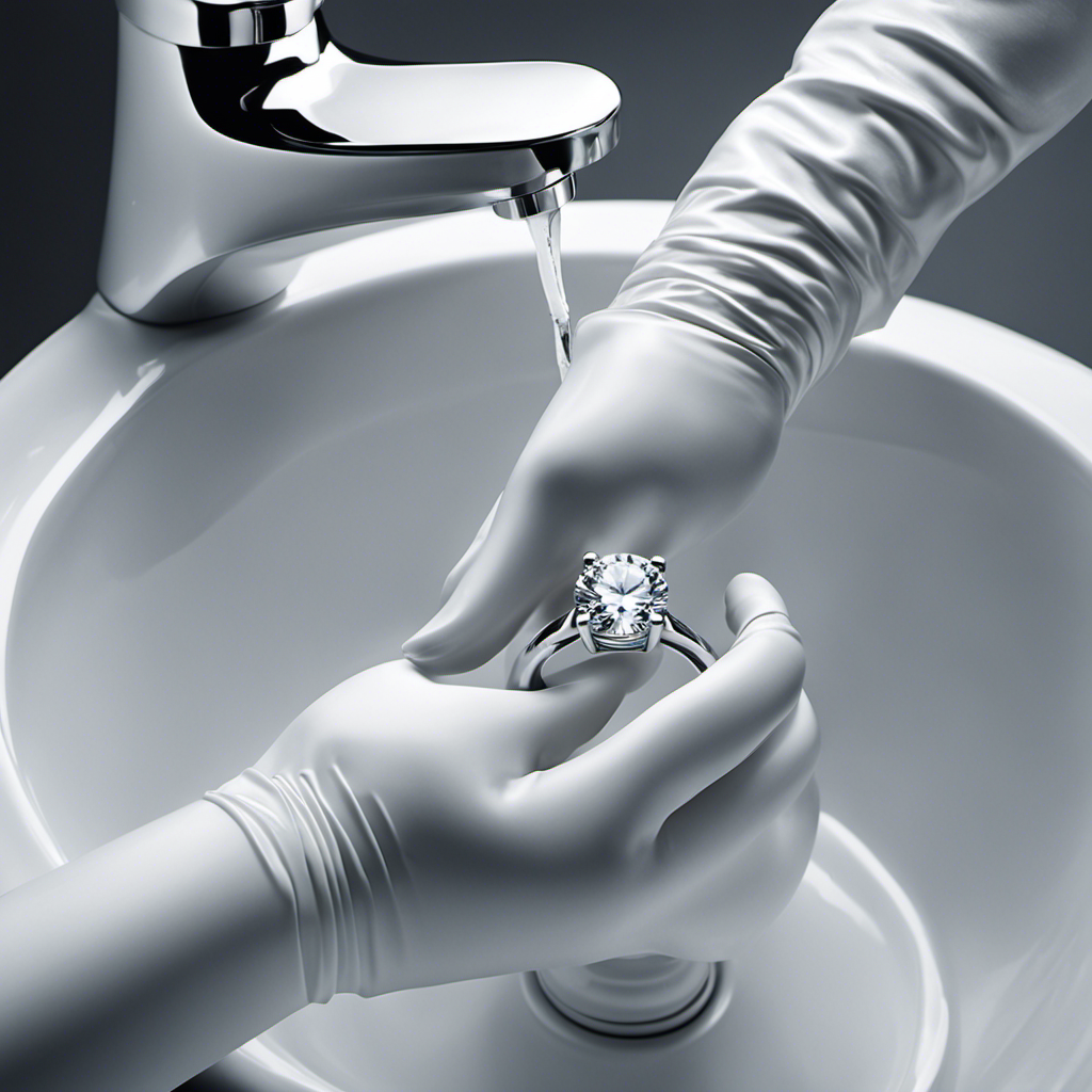 An image featuring a close-up of a gloved hand, delicately maneuvering a plunger to retrieve a glimmering diamond ring from the swirling depths of a pristine white toilet bowl