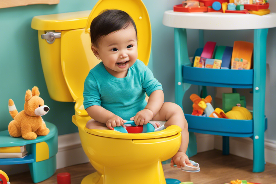 An image showcasing a cheerful toddler, sitting on a colorful potty chair with a supportive parent nearby, gently encouraging and guiding them
