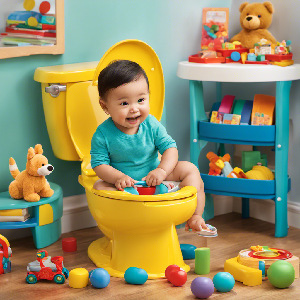 An image showcasing a cheerful toddler, sitting on a colorful potty chair with a supportive parent nearby, gently encouraging and guiding them