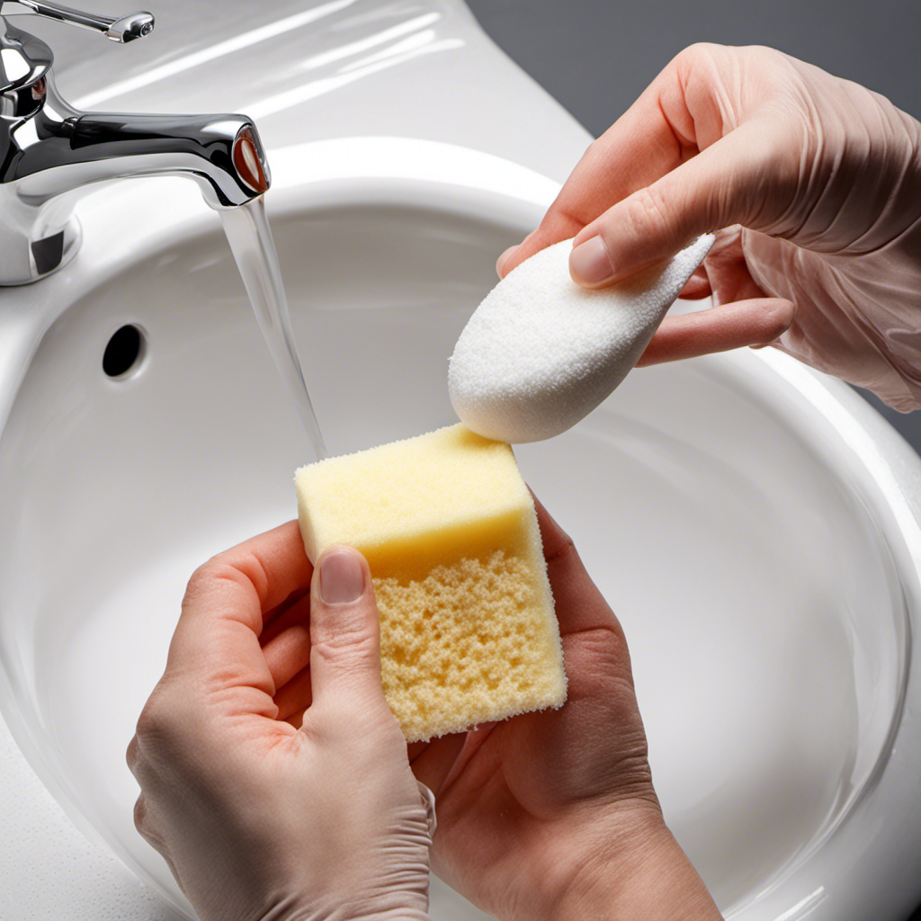 An image showcasing a pair of gloved hands holding a white sponge, gently scrubbing away stubborn toilet bowl stains