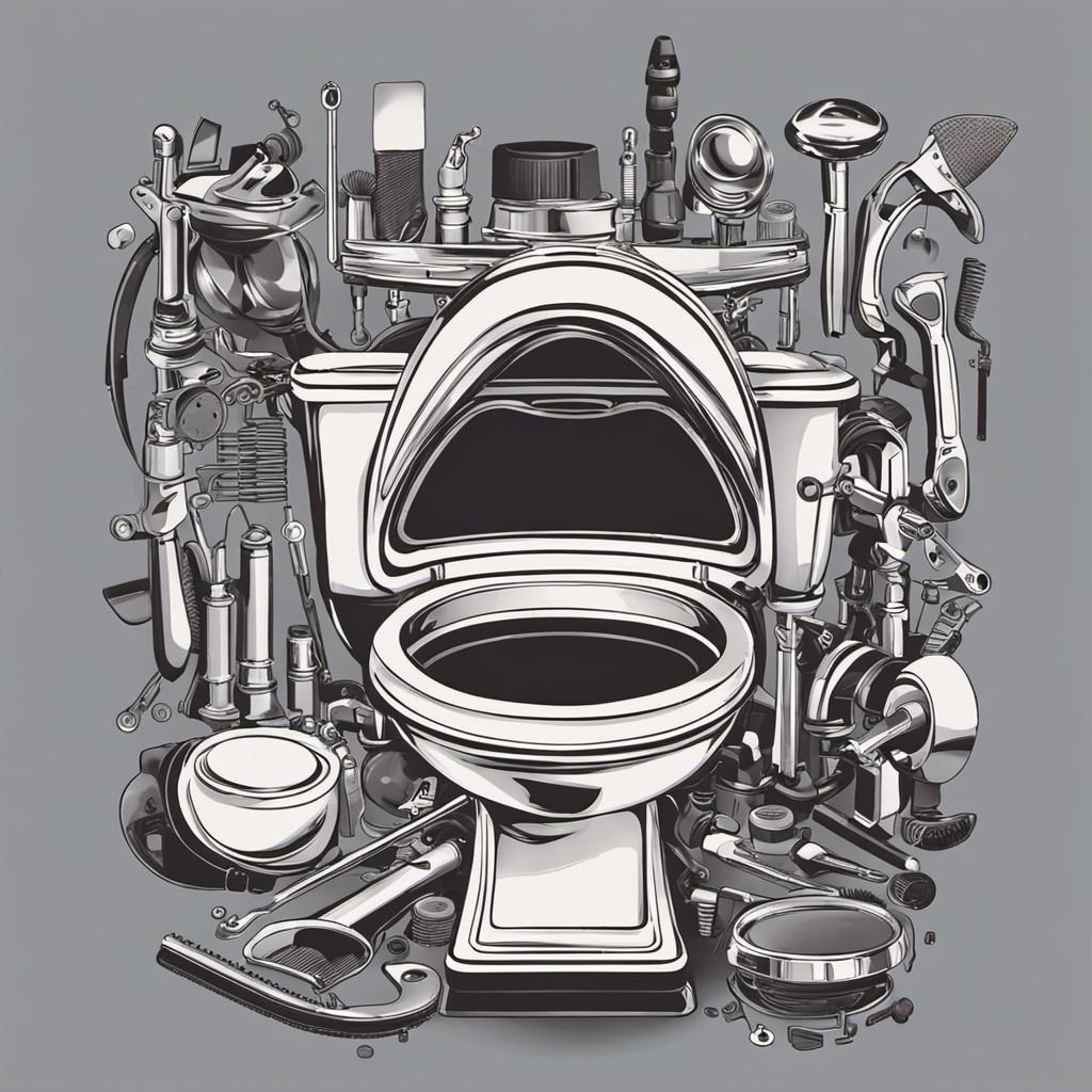 An image depicting a step-by-step guide on removing a toilet seat: hands gloved, gripping a wrench on the seat's bolts, turning counterclockwise, gradually lifting the seat until fully detached