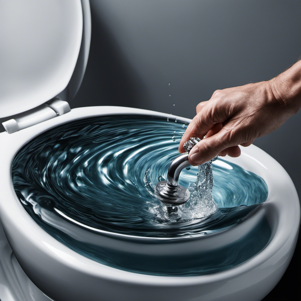 An image showcasing a close-up view of a hand holding a plunger, positioned above a toilet bowl filled with water
