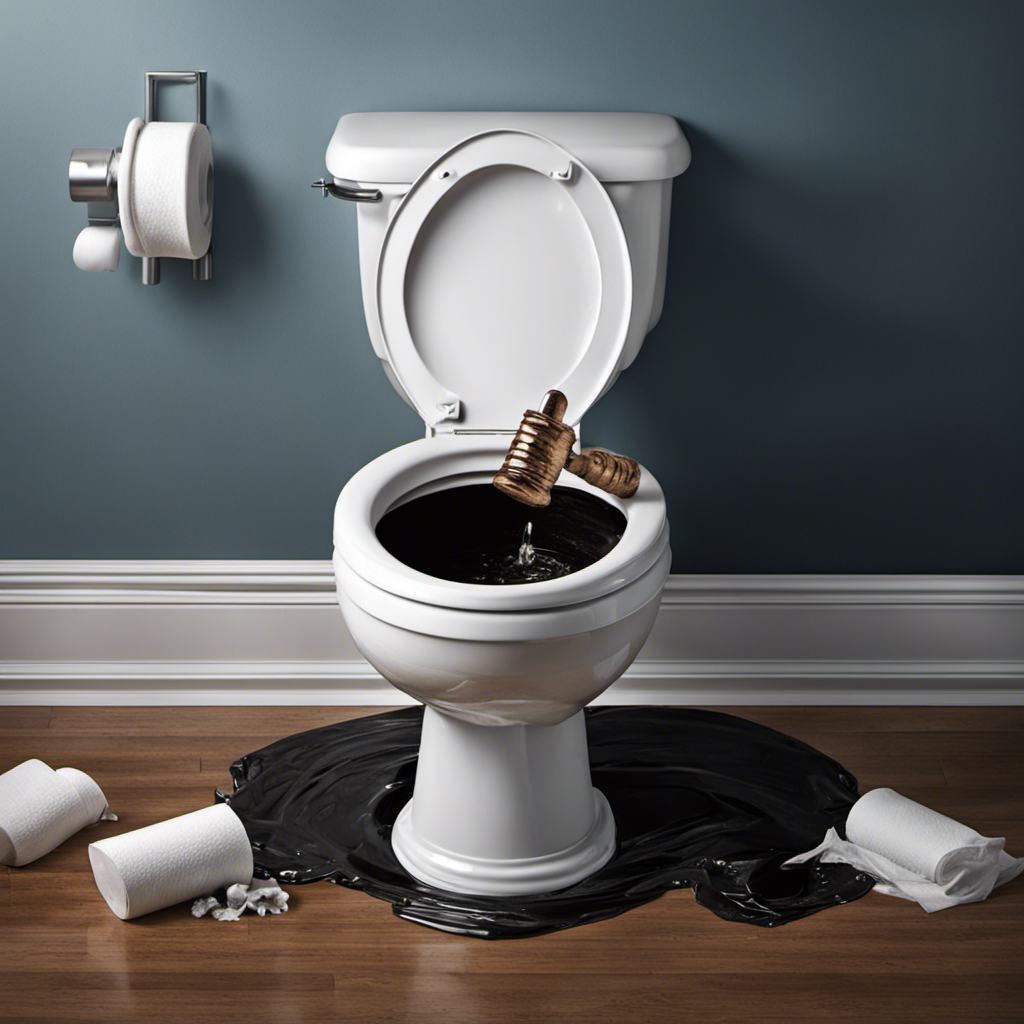 An image that showcases a pair of gloved hands holding a plunger, positioned above a clogged toilet bowl