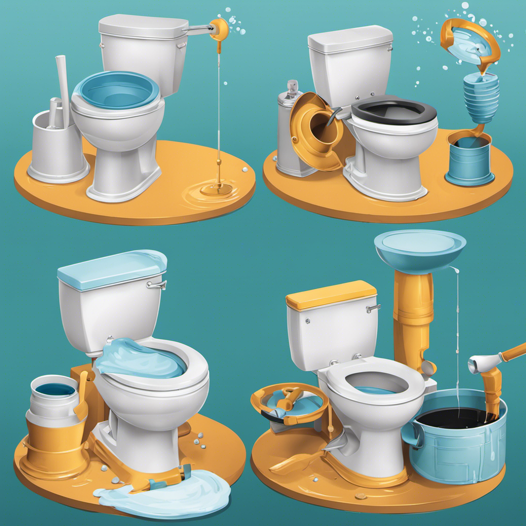An image showcasing a step-by-step visual guide on removing water from a toilet: a person using a plunger to push out the water, a bucket catching the water, and the empty toilet bowl