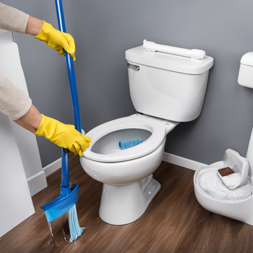 An image showcasing a step-by-step guide on removing water from a toilet: a person wearing rubber gloves, using a plunger to push the water down the drain, then mopping up the remaining moisture
