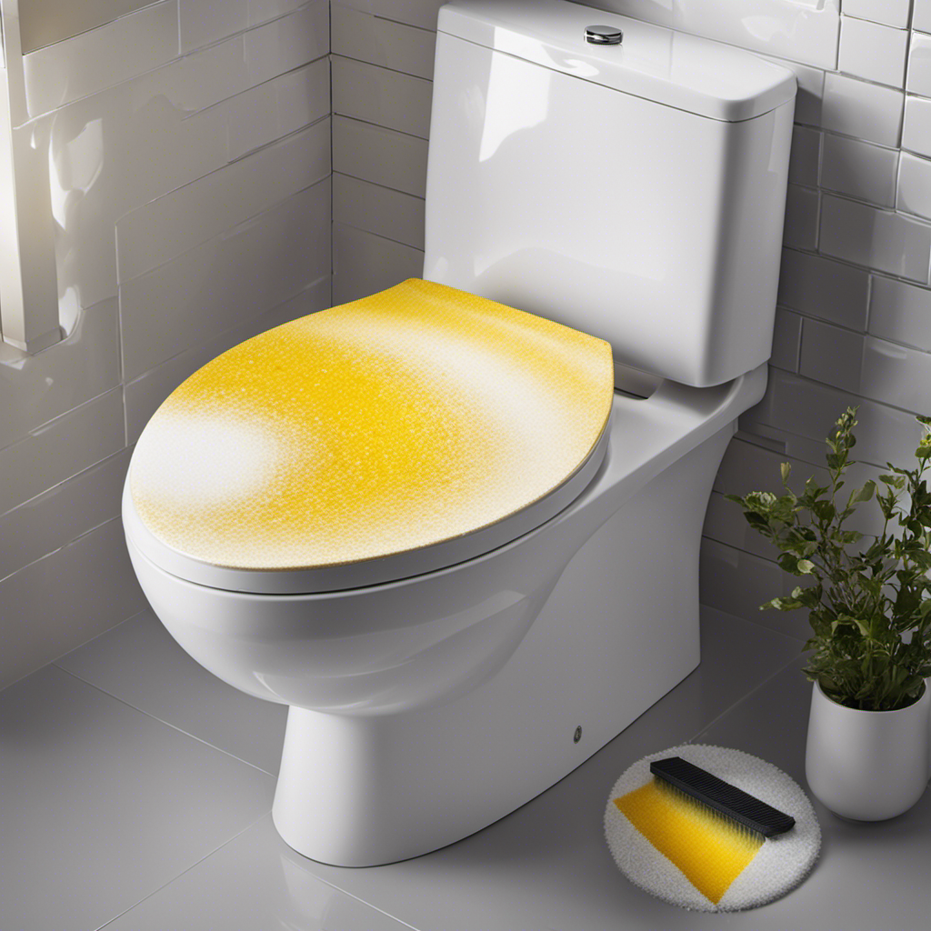 An image showcasing a close-up view of a sparkling white toilet bowl with a vibrant yellow ring effortlessly fading away, as a person delicately scrubs it using a specialized cleaning brush