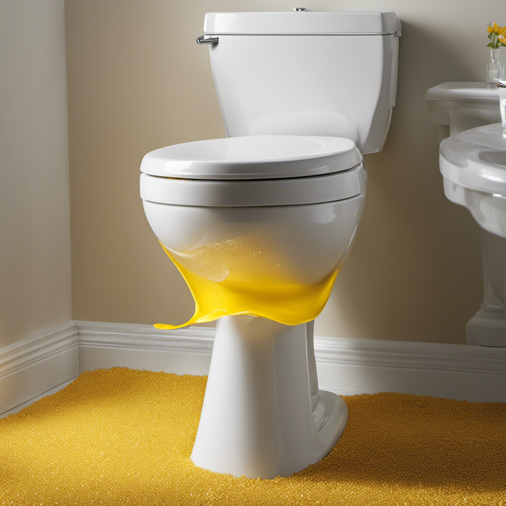 An image showcasing a sparkling white toilet bowl with a vibrant yellow stain being effortlessly removed using a powerful cleaning solution, while a pair of gloved hands gently scrub the surface