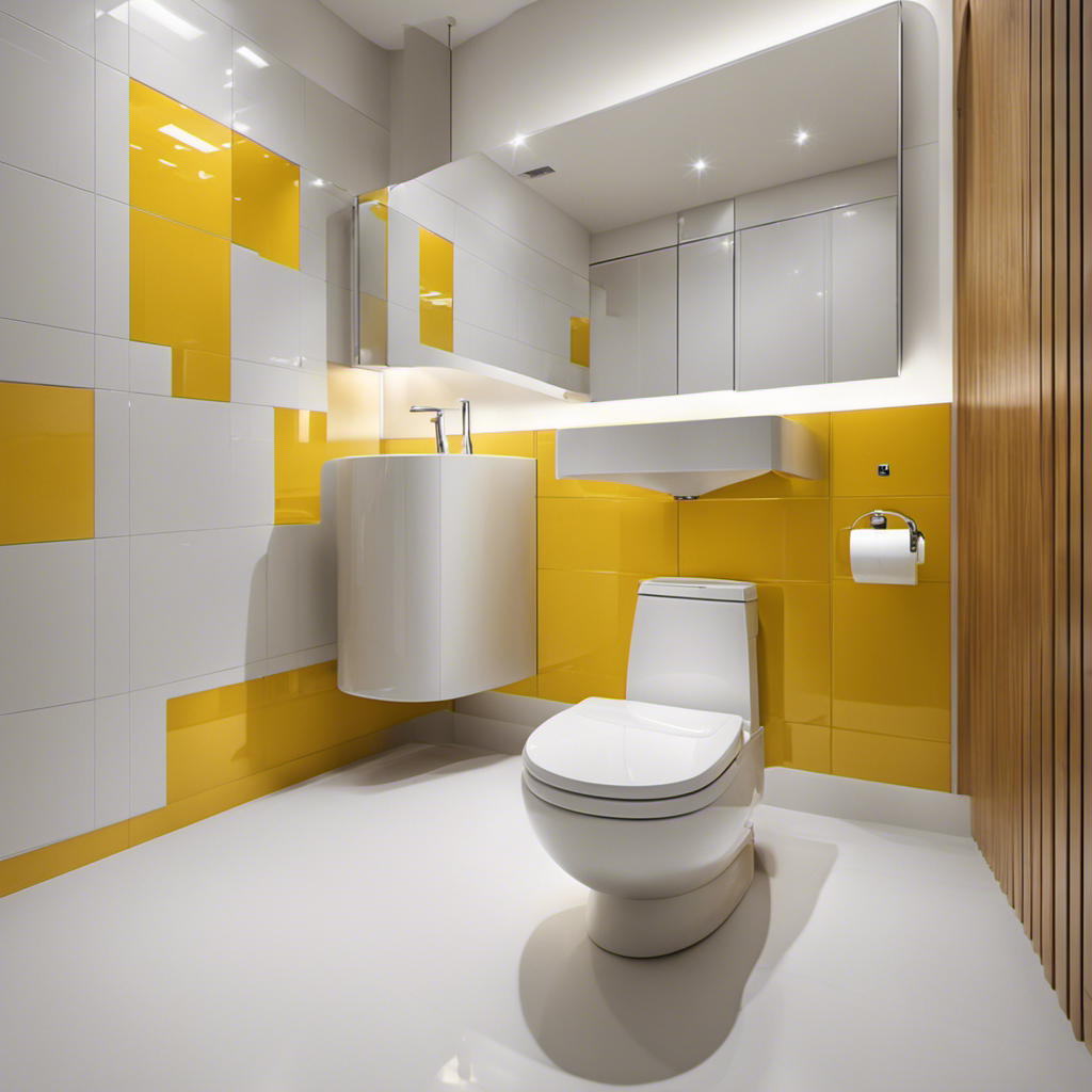 An image of a sparkling white toilet bowl with a vibrant yellow stain gradually fading away under the action of a powerful cleaning solution, surrounded by clean, fresh bathroom tiles and a spotless sink