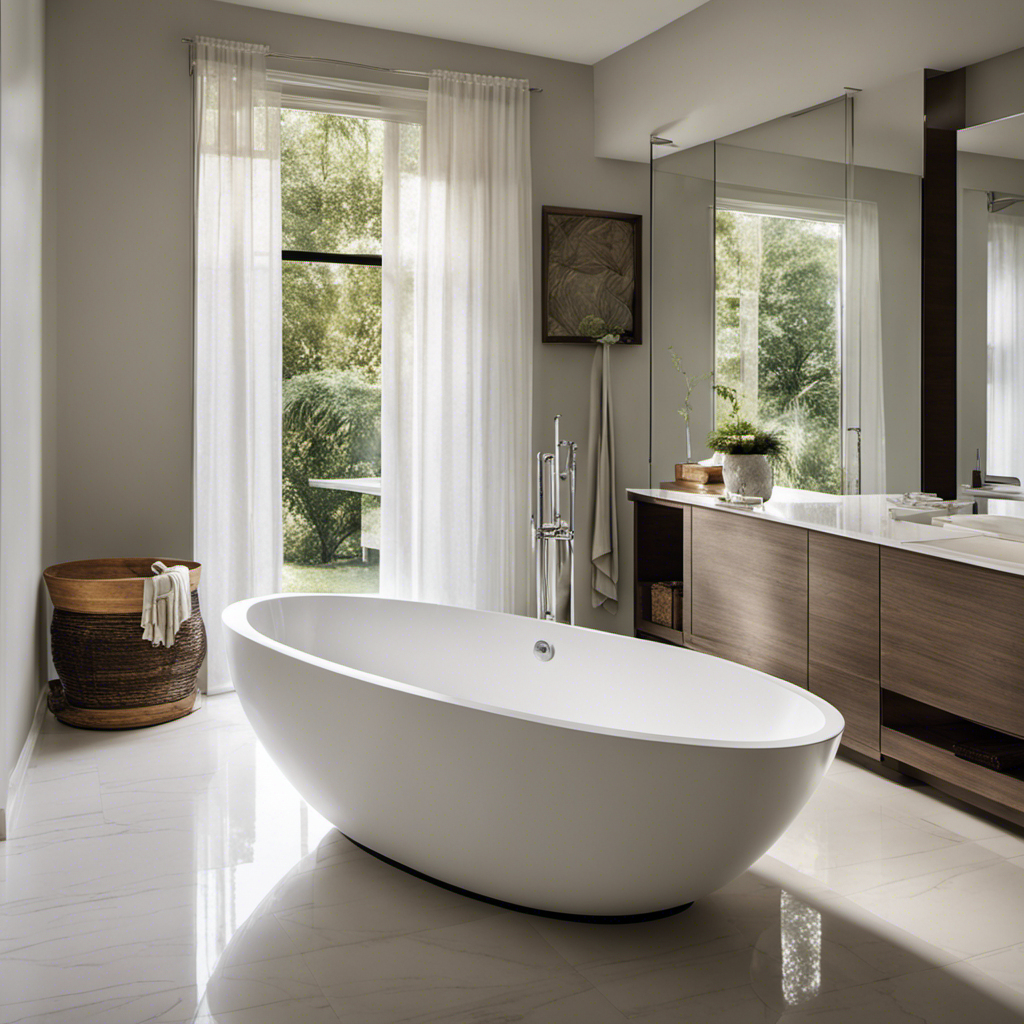 An image that showcases a pristine white bathtub, perfectly gleaming under soft, natural lighting