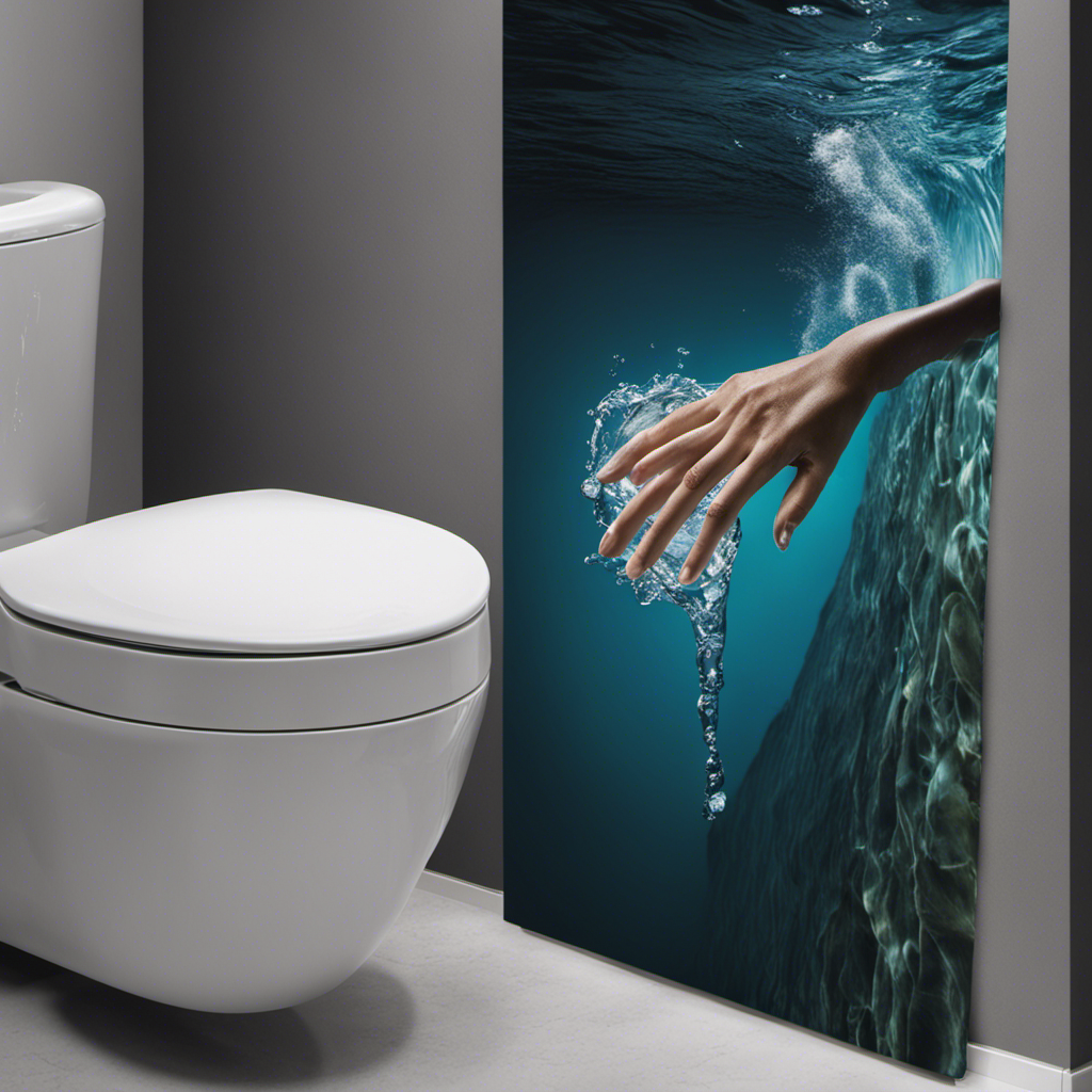 An image of a hand reaching behind a toilet tank, adjusting the float arm to the optimal water level